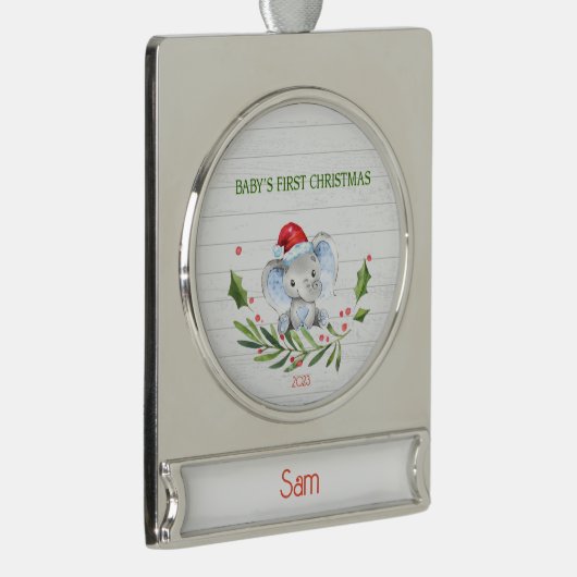 Personalisiert Baby Elephant Erste Weihnacht Banner-Ornament Silber (Rechts)