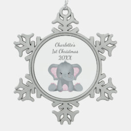 Personalisiert Baby Elephant Pink Baby 1. Weihnach Schneeflocken Zinn-Ornament