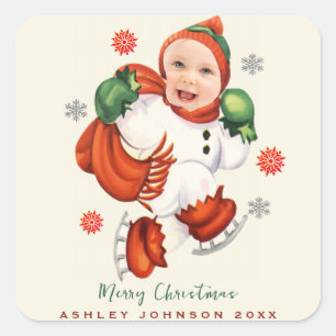 Personalisiert Baby Face Foto Chubby Santa Quadratischer Aufkleber