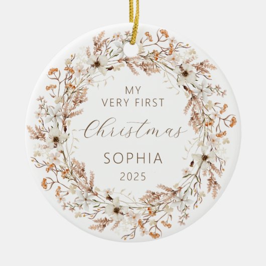 Personalisiert Baby First Christmas Boho Wildblume Keramik Ornament (Vorne)