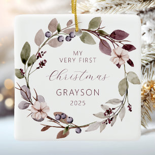 Personalisiert Baby First Christmas Lila Wreath Keramikornament