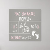 Personalisiert, Baby Girl Announcement Gray, Pink Leinwanddruck (Vorderseite)
