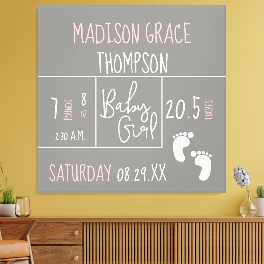 Personalisiert, Baby Girl Announcement Gray, Pink Leinwanddruck (Insitu (Wohnzimmer))
