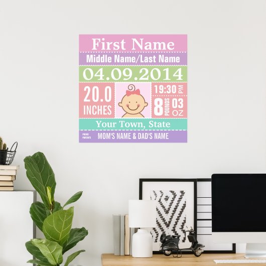 Personalisiert Baby Girl Birth Stats Poster (Heimbüro)