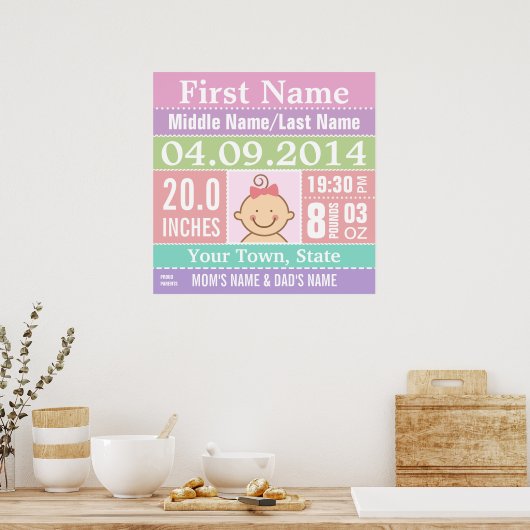 Personalisiert Baby Girl Birth Stats Poster (Küche)