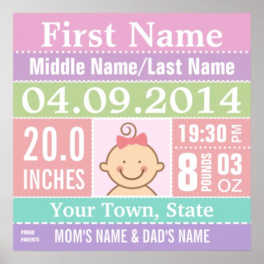Personalisiert Baby Girl Birth Stats Poster (Vorne)