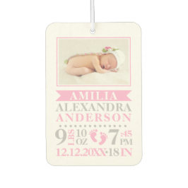 Personalisiert Baby Girl Pink Grey Birth Stats Autolufterfrischer
