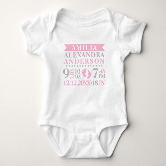 Personalisiert Baby Girl Pink Grey Birth Stats Baby Strampler (Vorderseite)