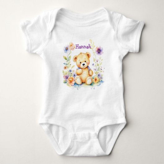 Personalisiert Baby Girl Teddy Bär und Blume Baby Strampler (Vorderseite)