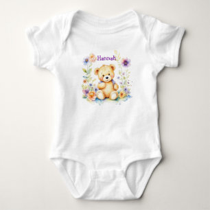 Personalisiert Baby Girl Teddy Bär und Blume Strampler