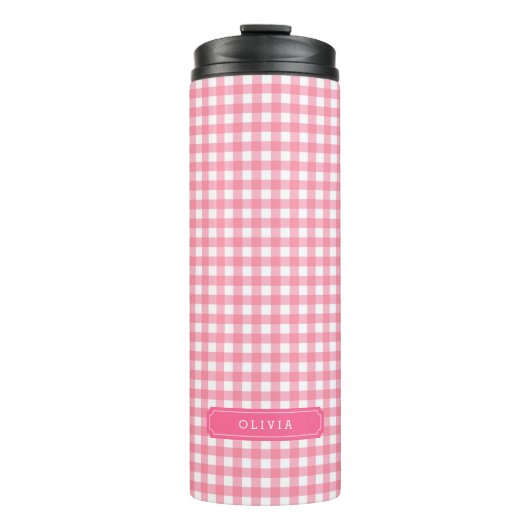 Personalisiert Baby Pink Gingham Monogram Thermosbecher (Vorderseite)