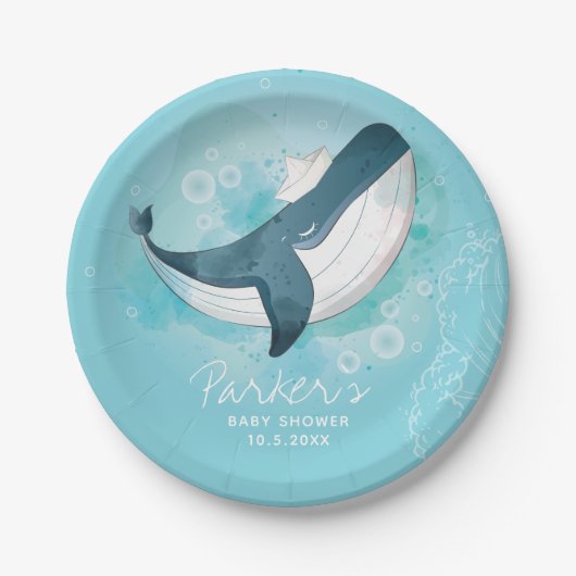 Personalisiert Baby Whale Blue Baby Dusche Pappteller (Vorderseite)