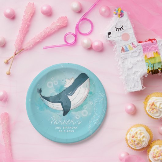 Personalisiert Baby Whale Blue Birthday Pappteller (Party)