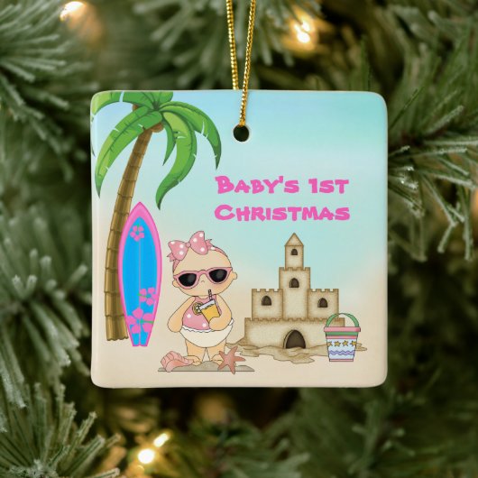 Personalisiert Baby's 1. Weihnachtsmädchen Strand Keramikornament (Baum)