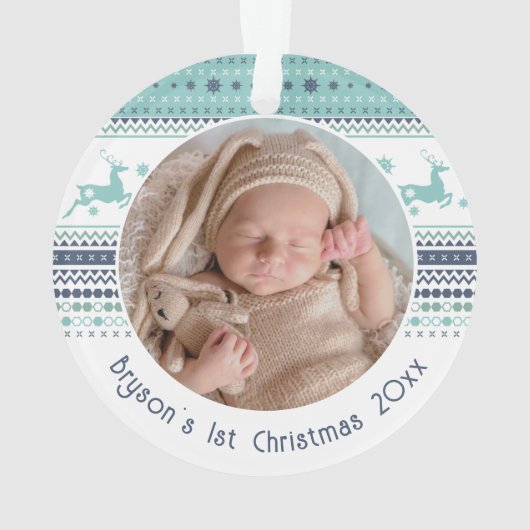 Personalisiert Baby's First Christmas Blue Rentier Ornament (Rückseite)