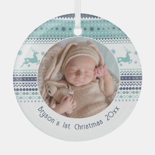 Personalisiert Baby's First Christmas Blue Rentier Ornament Aus Glas (Vorderseite)