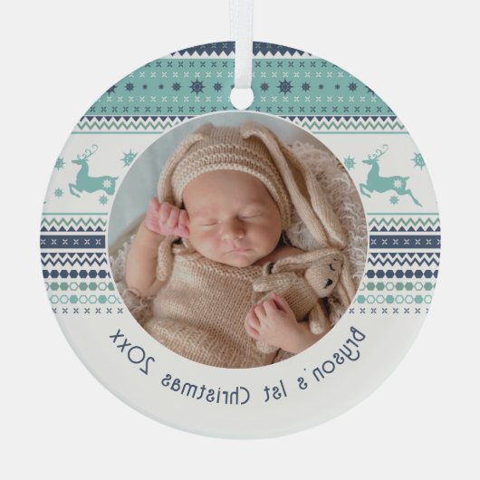 Personalisiert Baby's First Christmas Blue Rentier Ornament Aus Glas (Rückseite)