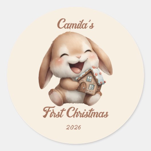 Personalisiert Baby's First Christmas Bunny Runder Aufkleber (Vorderseite)