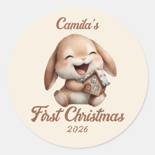 Personalisiert Baby's First Christmas Bunny Runder Aufkleber (Vorderseite)