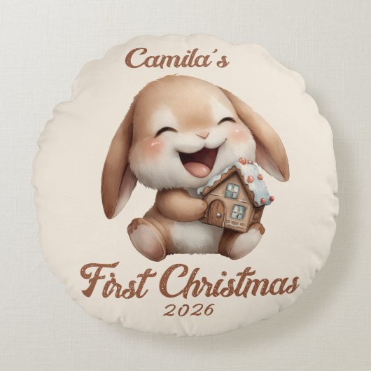 Personalisiert Baby's First Christmas Bunny Rundes Kissen (Vorderseite)