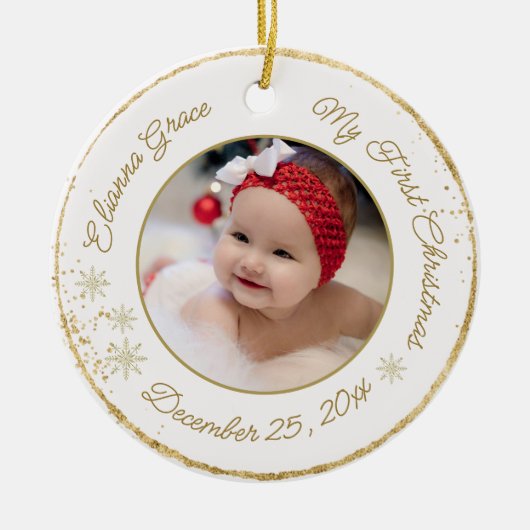 Personalisiert Baby's First Christmas Foto Glitzer Keramik Ornament (Vorne)
