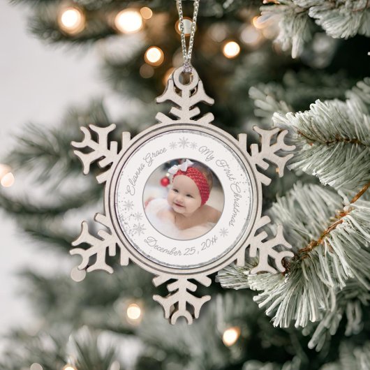 Personalisiert Baby's First Christmas Foto Glitzer Schneeflocken Zinn-Ornament