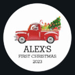 Personalisiert Baby's First Christmas Red Truck Bo Runder Aufkleber<br><div class="desc">Das erste Weihnachtsschmuck des Babys - Personalisiertes First Christmas Vintager Red Truck Watercolor Design Ornament - Custom Baby Boy Truck Ornament. Geben Sie Name und Jahr ein - jeweils in der eigenen Zeile. Geben Sie Apostrophe "s" mit Namen ein,  wenn Sie möchten,  dass es als abgebildet angezeigt wird.</div>