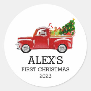Personalisiert Baby's First Christmas Red Truck Bo Runder Aufkleber