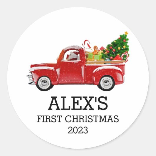Personalisiert Baby's First Christmas Red Truck Bo Runder Aufkleber (Vorderseite)