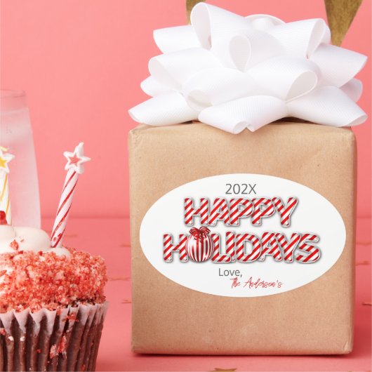 Personalisiert Balloon Happy Holidays Peppermint Ovaler Aufkleber (Party)