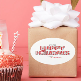 Personalisiert Balloon Happy Holidays Peppermint Ovaler Aufkleber