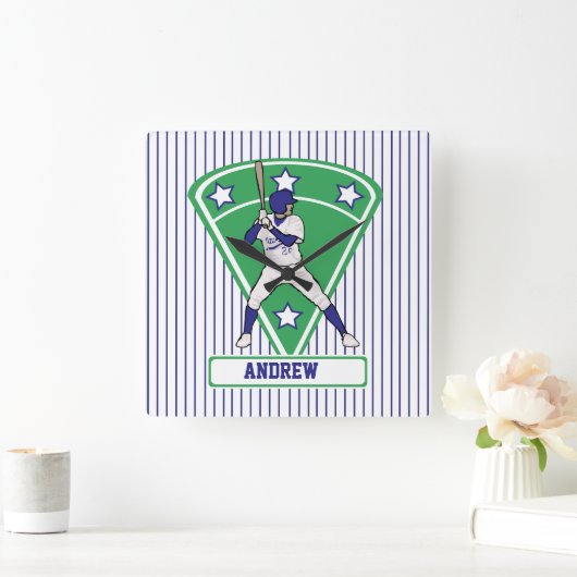 Personalisiert Baseball Batter Star Blue Quadratische Wanduhr (Zuhause)