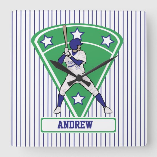 Personalisiert Baseball Batter Star Blue Quadratische Wanduhr (Vorderseite)