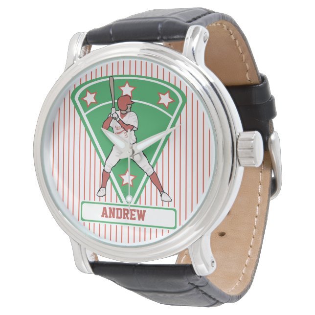 Personalisiert Baseball Batter Star Red Armbanduhr (Schrägansicht)