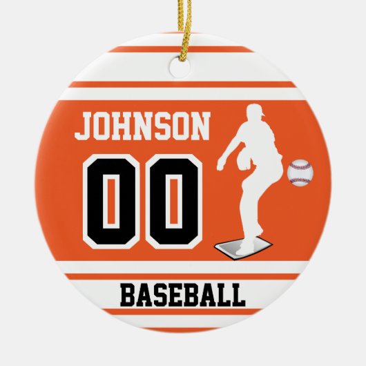 Personalisiert ⚾ Baseball Pitcher | Orange und Wei Keramik Ornament (Vorne)