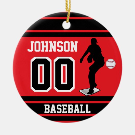 Personalisiert Baseball Pitcher | Rot und Schwarz Keramik Ornament (Vorne)