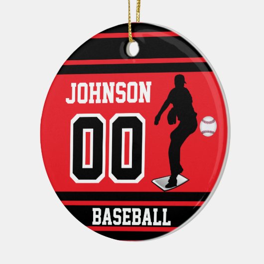 Personalisiert Baseball Pitcher | Rot und Schwarz Keramik Ornament (Links)