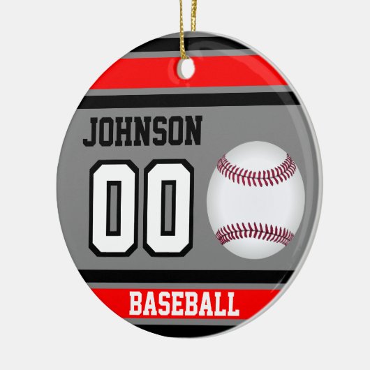 Personalisiert Baseball | Rot, Grau und Schwarz Keramik Ornament (Links)