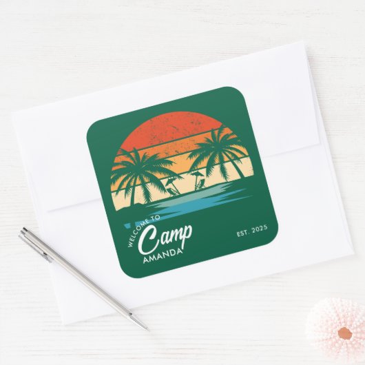 Personalisiert Beach Camp Junggeselinnen-Abschied Quadratischer Aufkleber (Umschlag)