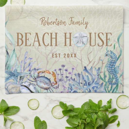Personalisiert Beach House Coastal Coral Reef Geschirrtuch (Gefaltet)