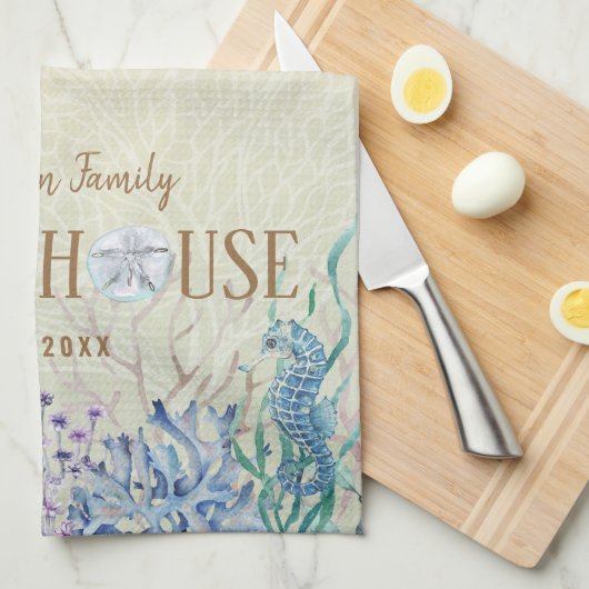 Personalisiert Beach House Coastal Coral Reef Geschirrtuch (Viertel Falte)