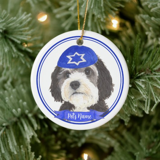 Personalisiert Bernedoodle Hanukkah Yarmulke Blue Keramik Ornament (Baum)