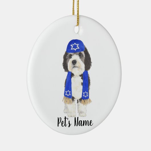 Personalisiert Bernedoodle Yarmulke Hanukkah Blue Keramik Ornament (Rechts)