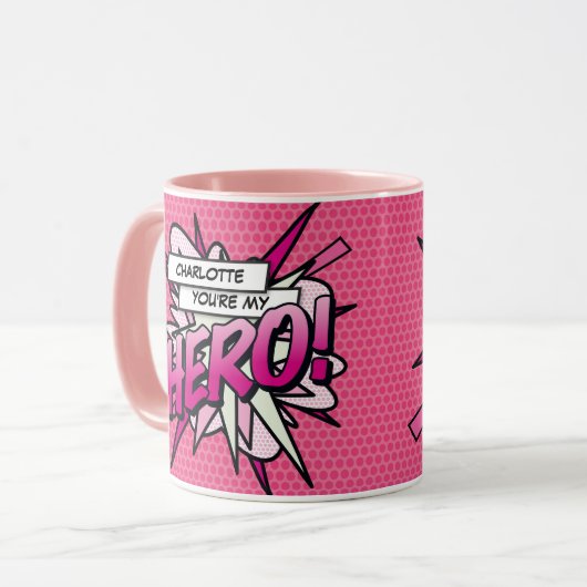 Personalisiert bist du mein HERO Comic Buch Rosa Tasse (Vorderseite Links)
