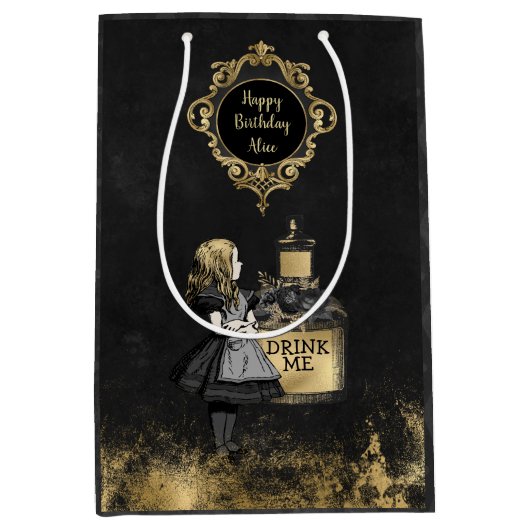 Personalisiert Black and Gold Alice trinken mich Mittlere Geschenktüte (Vorderseite)