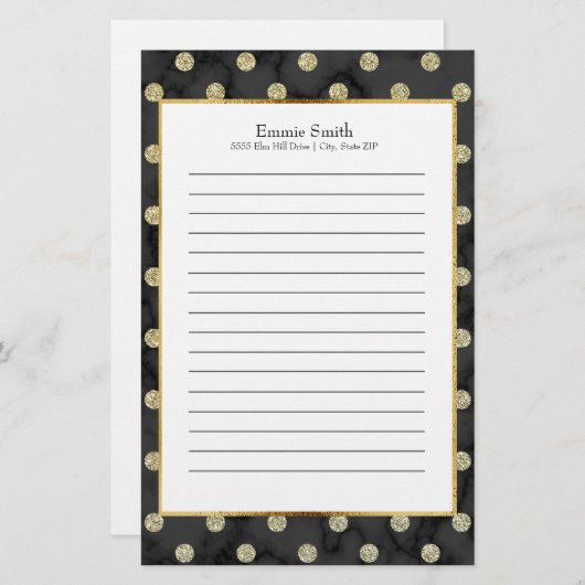 Personalisiert Black and Gold Polka Dot Briefpapier (Vorne/Hinten)