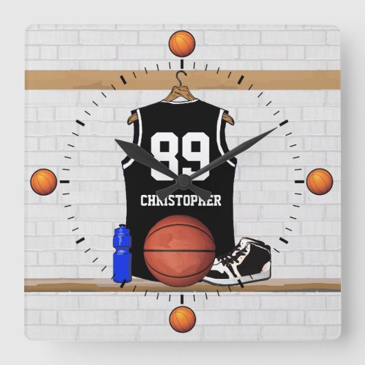 Personalisiert Black and White Basketball Jersey Quadratische Wanduhr (Vorderseite)