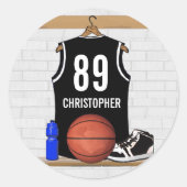 Personalisiert Black and White Basketball Jersey Runder Aufkleber (Vorderseite)