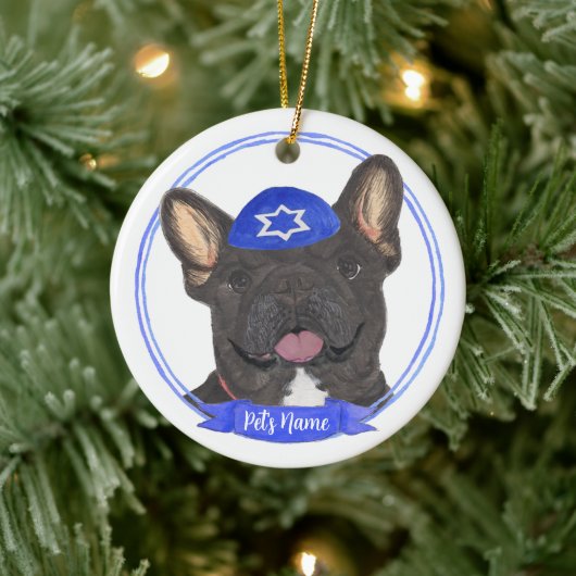 Personalisiert Black Brindle Frenchie Hanukkah Keramik Ornament (Baum)