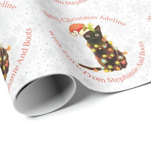 Personalisiert Black Cat Weihnachtsbeleuchtung Geschenkpapier (Rolleneckpunkt)